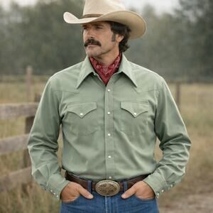 Vintage Ely Plains Rider Men's XL Long Sleeve Sage Green Pearl Snap Button Shirt